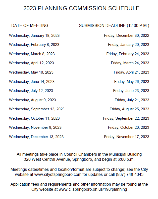 2023 Planning Commission Meeting Schedule